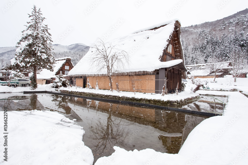 World Heritage Site Shirakawago village with snow in winter