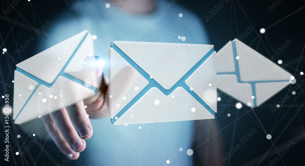 Businessman touching 3D rendering flying email icon with his fin