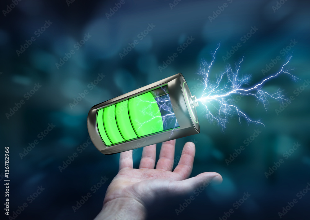 Man holding 3D render battery with lightning in his hand