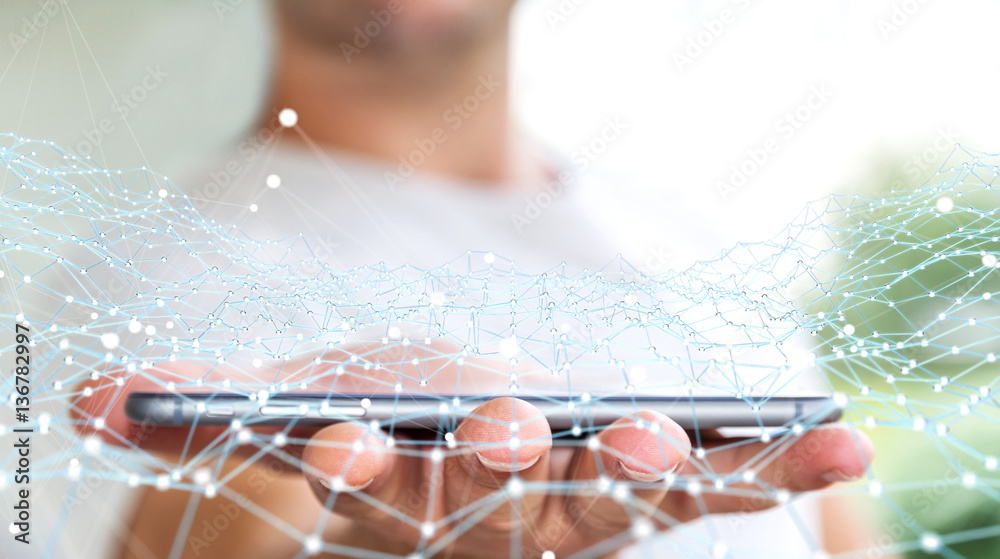 Businessman holding flying network dot over phone 3D rendering