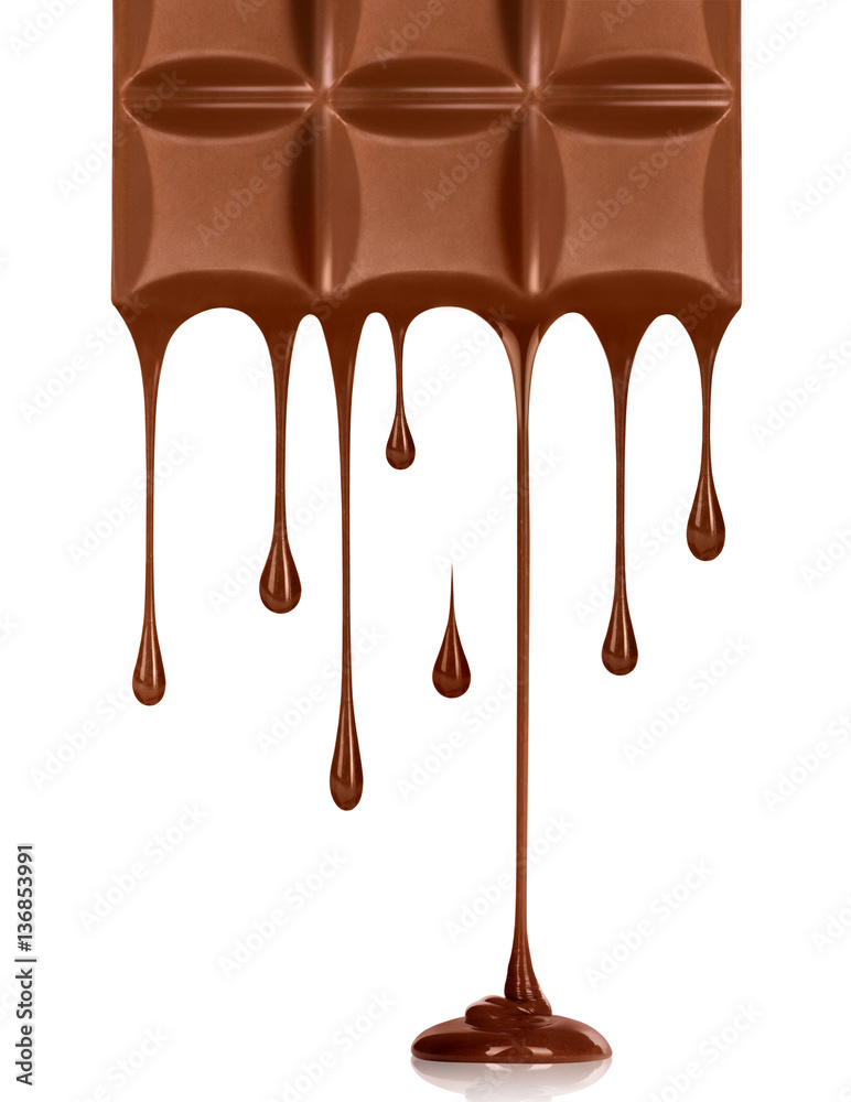 Chocolate dripping from chocolate bar on white background