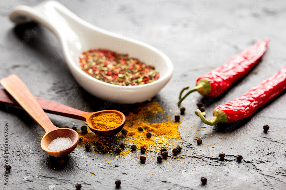 spices in wooden spoon on dark background