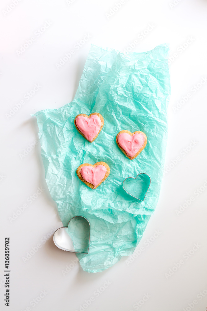 cookies for Valentine Day heartshaped on white background top view