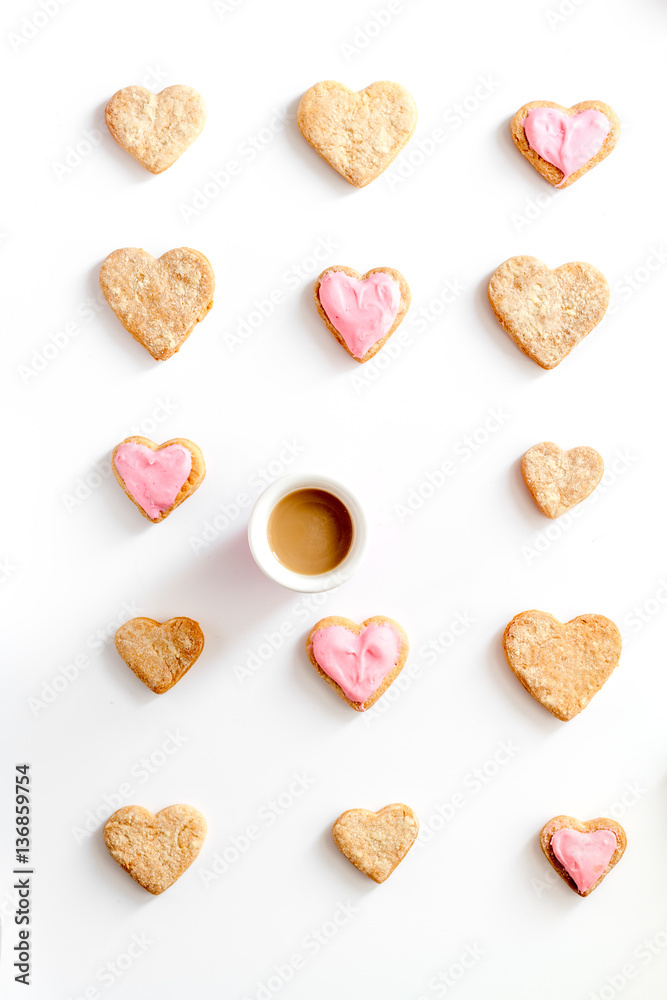 cookies for Valentine Day heartshaped white background top view pattern