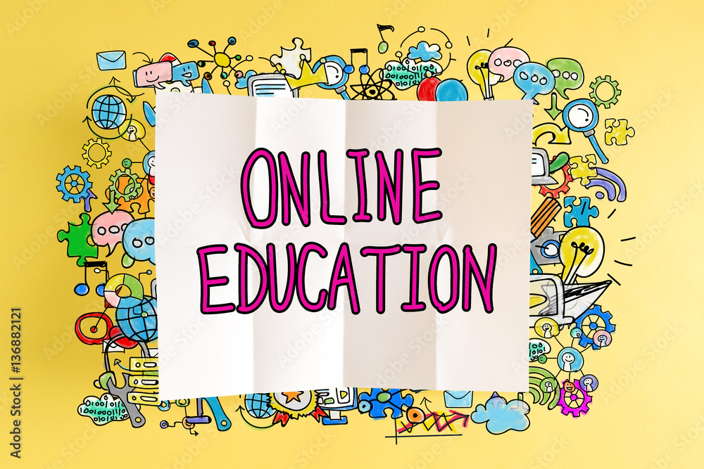 Online Education text with colorful illustrations