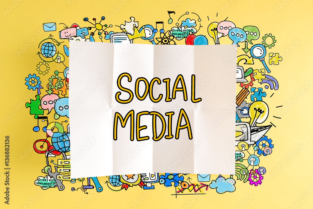 Social Media text with colorful illustrations