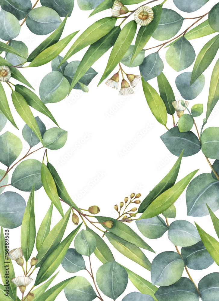 Watercolor oval wreath with green eucalyptus leaves and branches.