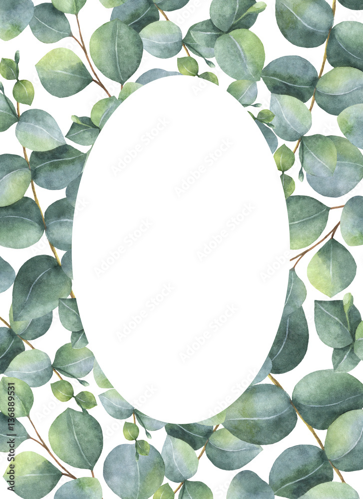 Watercolor hand painted oval wreath with silver dollar eucalyptus.