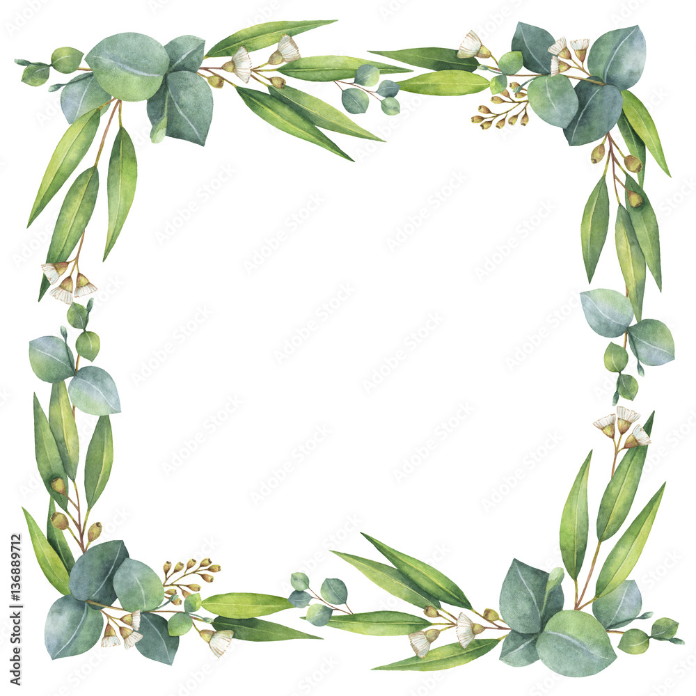 Watercolor square wreath with eucalyptus leaves and branches.