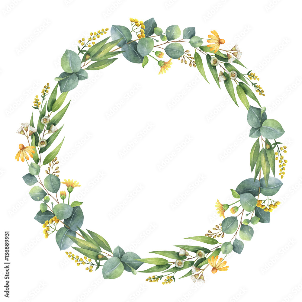 Watercolor round wreath with eucalyptus leaves and branches.