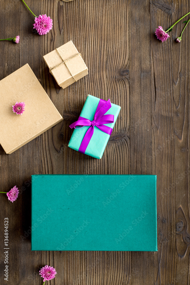 wrapping gifts in box for holiday top view mock up