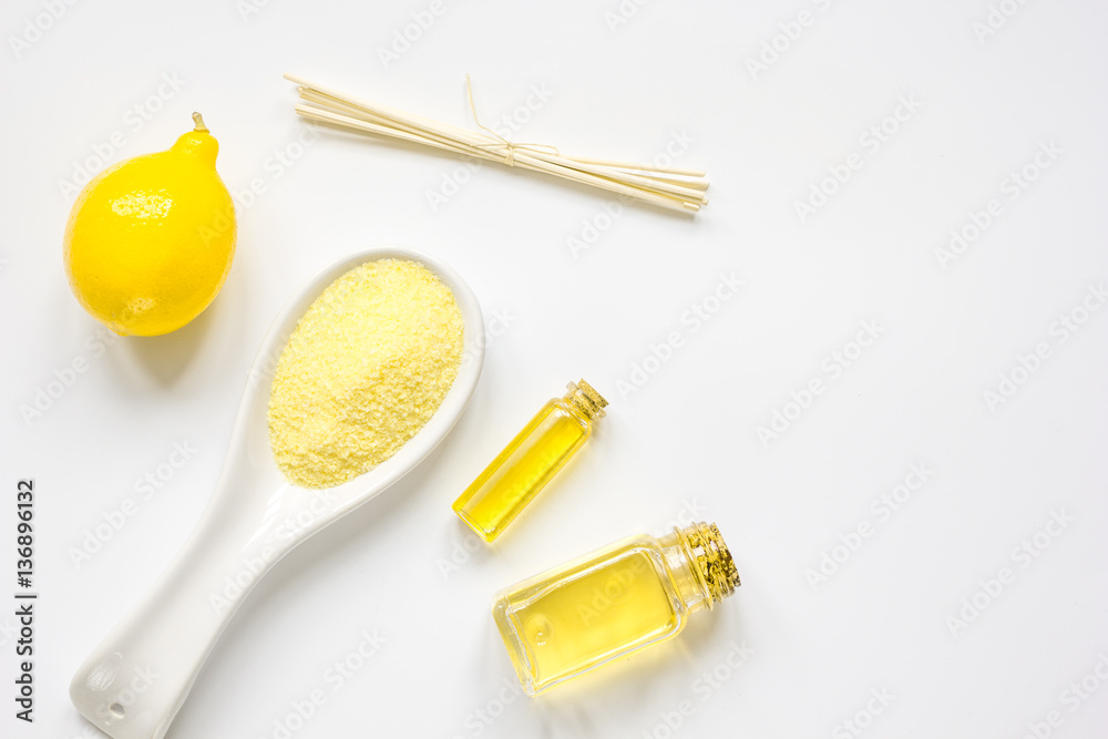 Spa with oil and salt on white background top view mockup