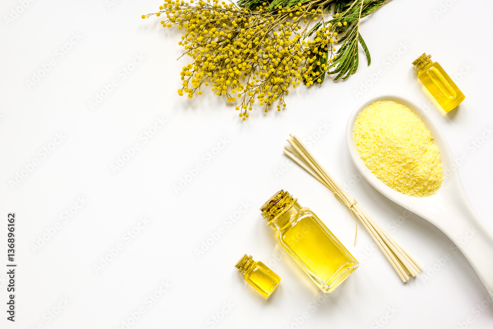 Spa with oil and salt on white background top view mockup