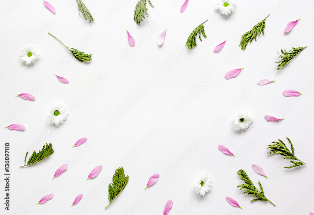 Herbal pattern with petals on white background top view mock up