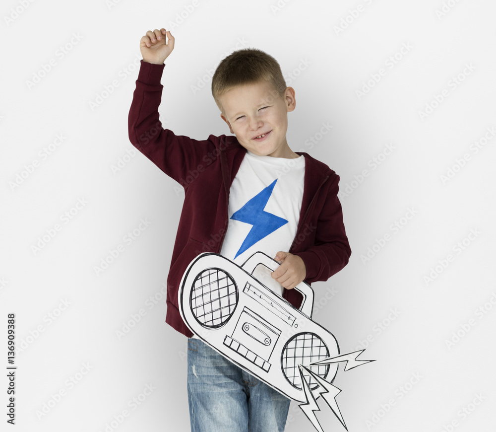 Caucasian Little Boy Holding Jukebox