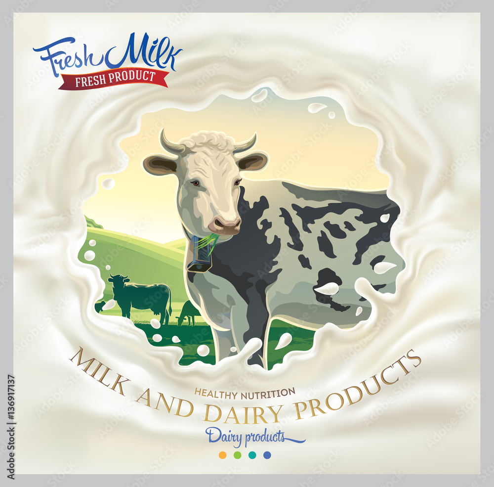 Cow, in frame from splash milk against the background of a rural landscape. Vector illustration.