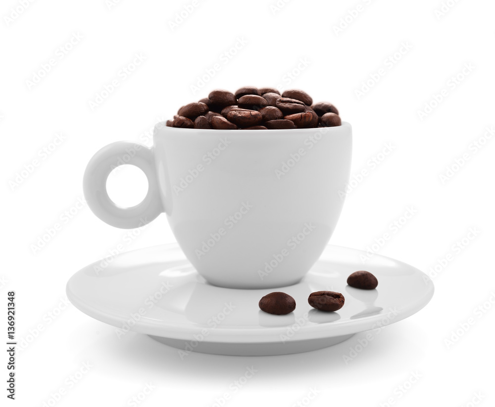 Coffee beans in coffee cup isolated on white background