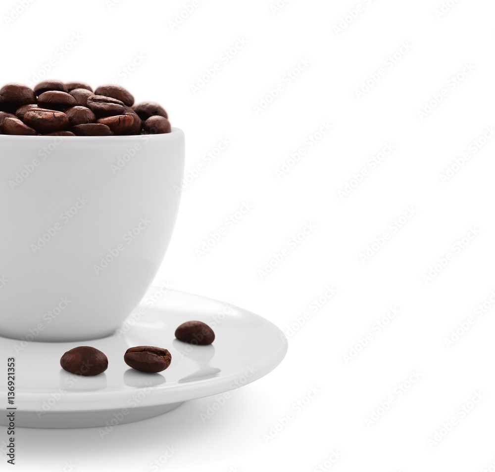 Coffee beans in coffee cup isolated on white background