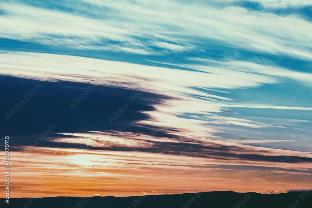 Beautiful Sunset Cloudy Sky Over Mountains