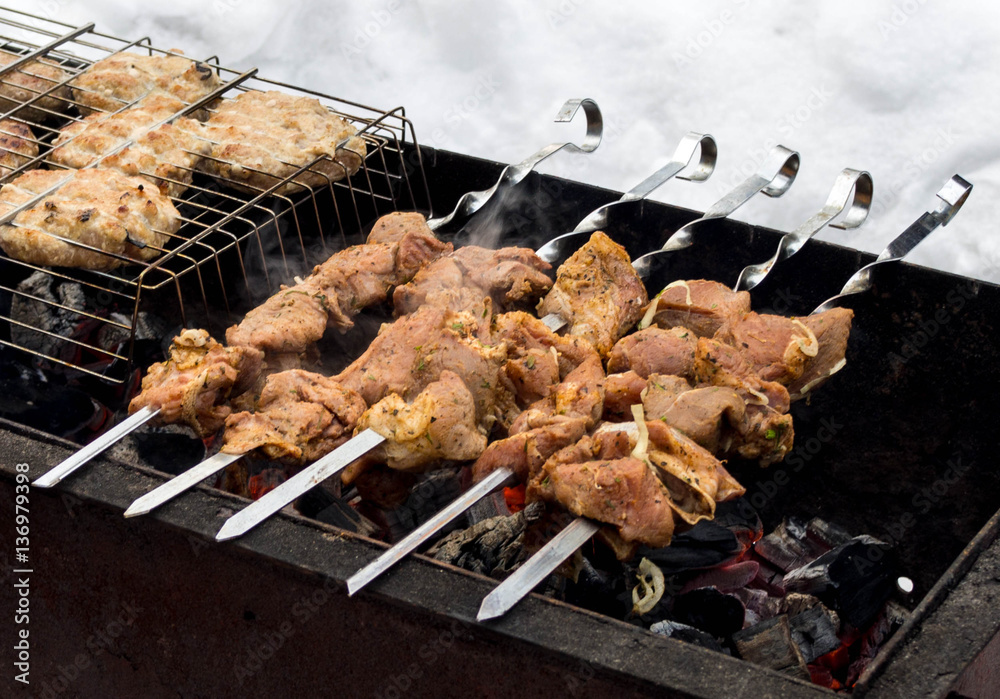 Shashlik (meaning skewered meat) was originally made of lamb. Nowadays it is also made of pork or be