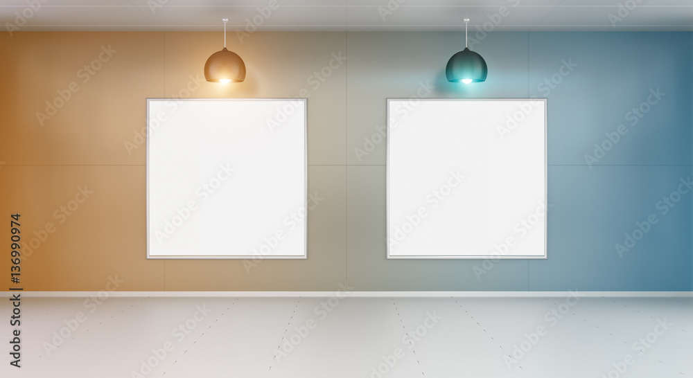 Two white blanks canvas on a wall 3D rendering