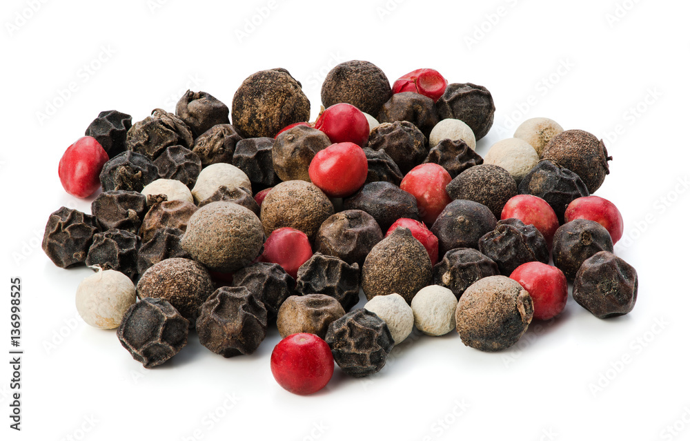 Mix of different peppers balls isolated on white background, with clipping path. Macro. Close up. Pe