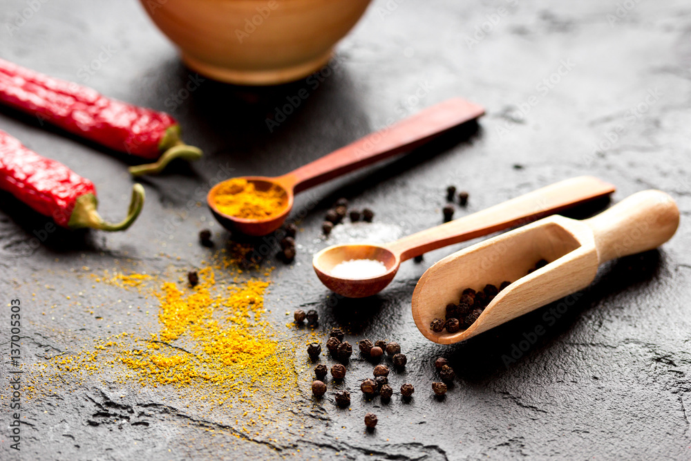 spices in wooden spoon on dark background