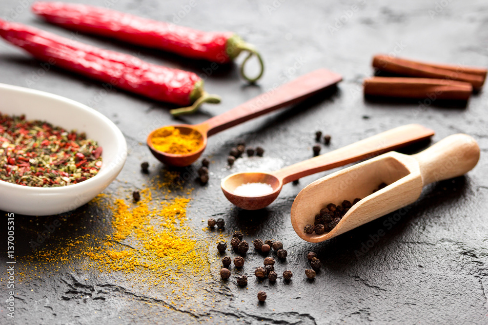 spices in wooden spoon on dark background