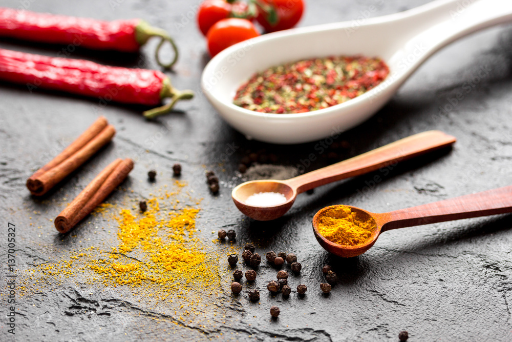 spices in wooden spoon on dark background