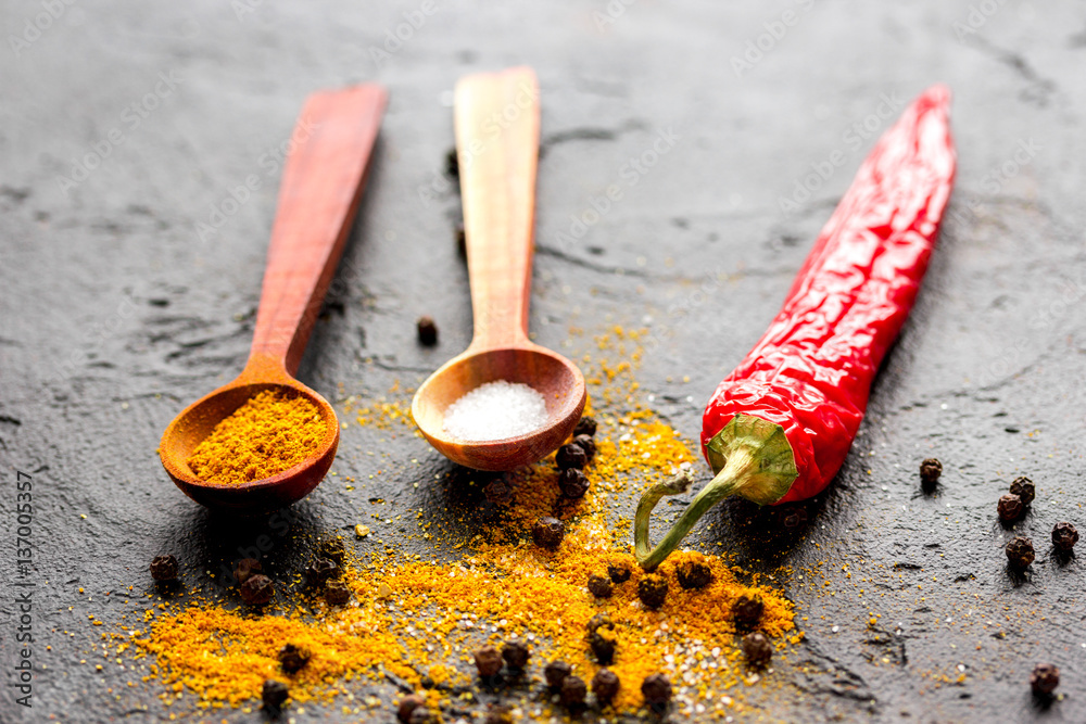 spices in wooden spoon on dark background