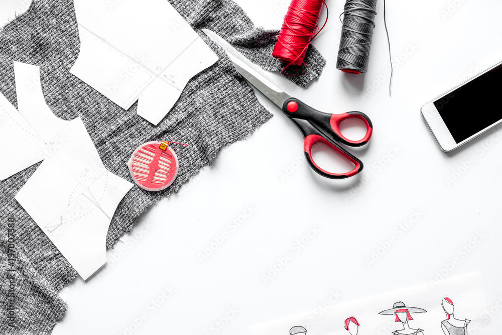 desktop designer clothes with tools top view mock up