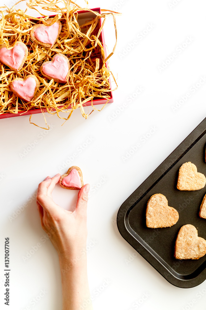 cookies for Valentine Day heartshaped on white background top view