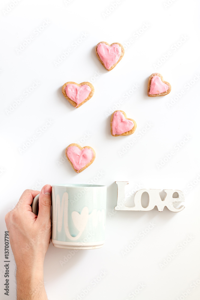 cookies for Valentine Day heartshaped white background top view pattern