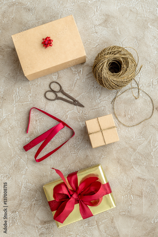 wrapping gifts in box for holiday top view mock up