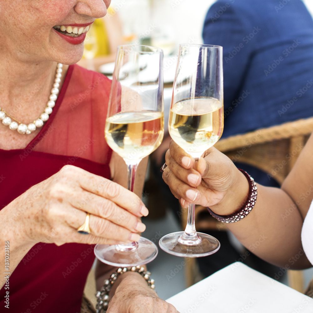 Mature Friends Fine Dining Outdoors Concept