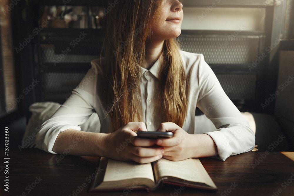 Woman Reading Studying Cafe Restaurant Relaxation Concept