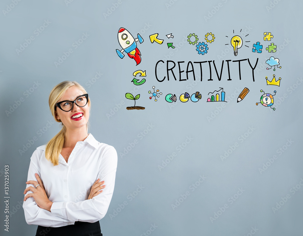 Creativity text with business woman