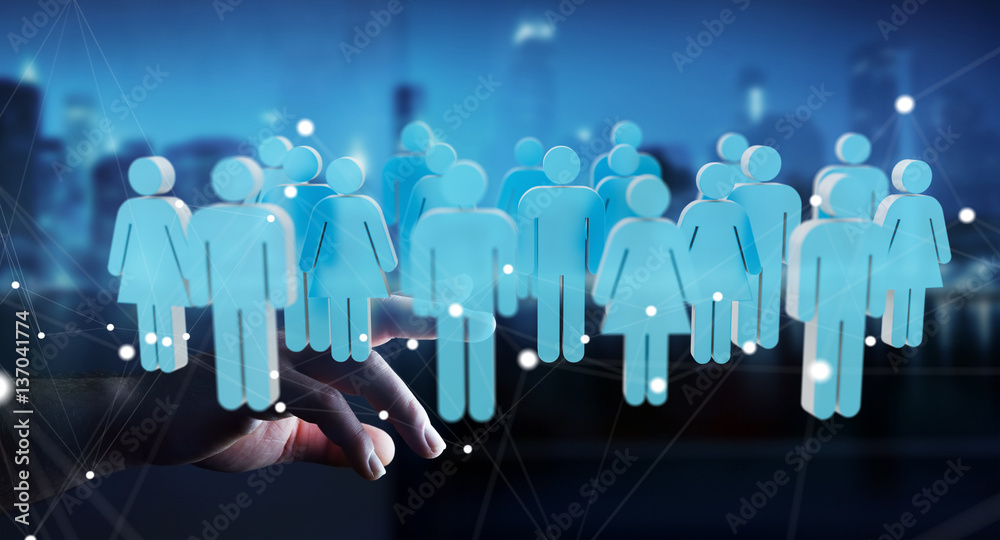 Businessman touching 3D rendering group of people with his finge