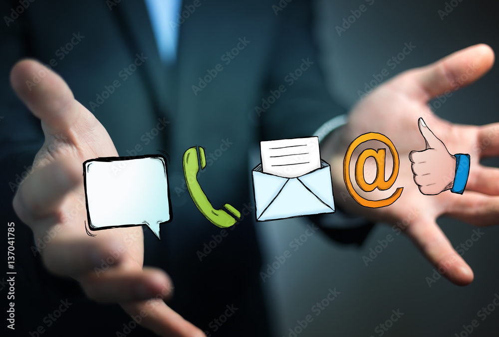 Businessman holding manuscript contact icon in his hand