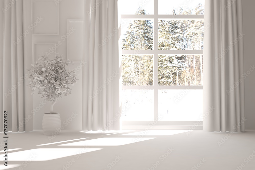 White empty room with winter landscape in window. Scandinavian interior design