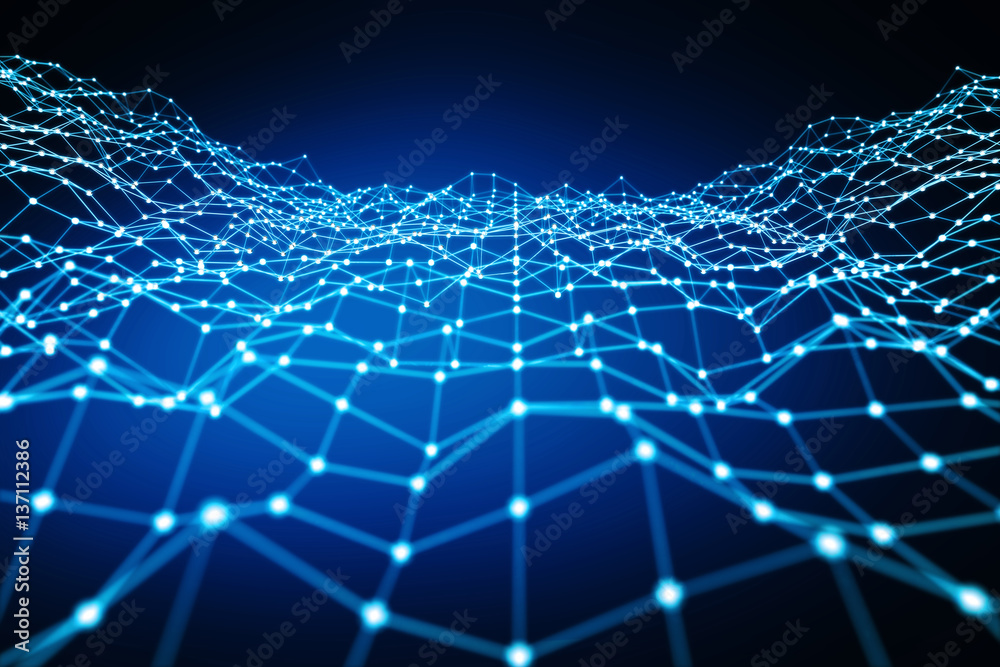 Floating white and blue dot network 3D rendering