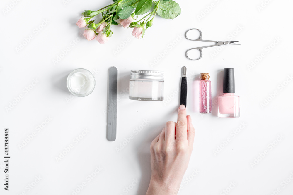 oil and cream for nail care in spa top view