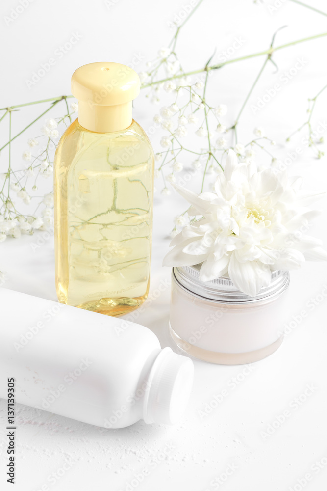 natural organic cosmetics with herbs for baby on white background