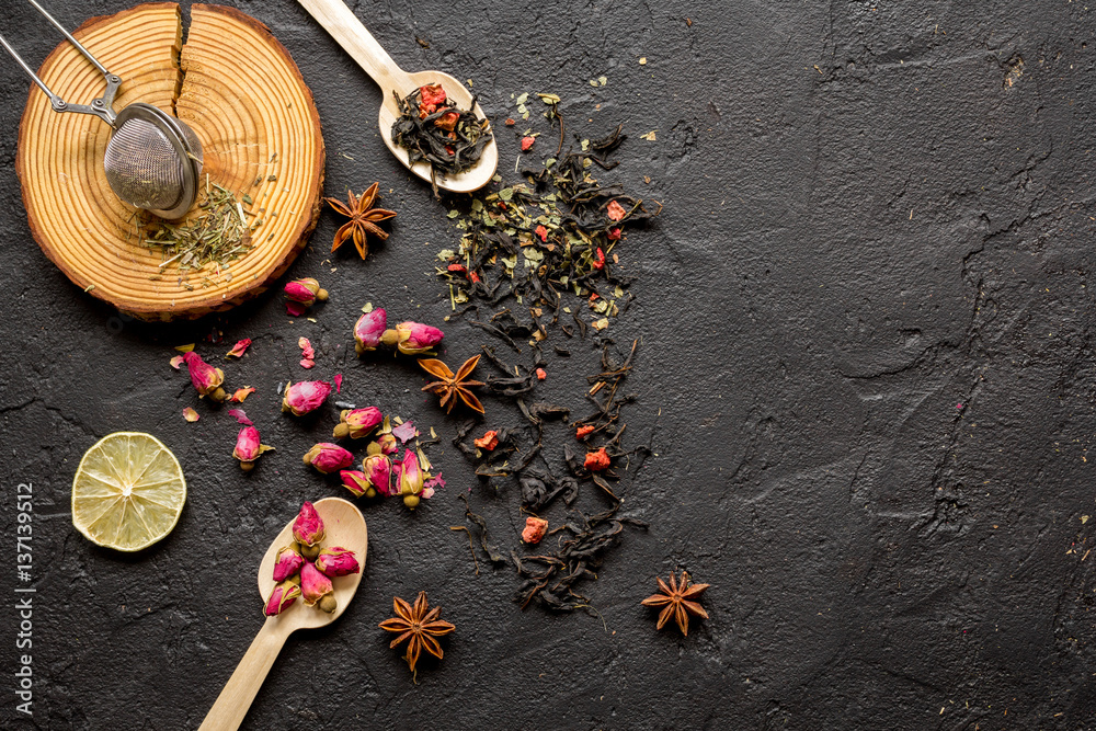 Herbs on spoons black background mockup top view