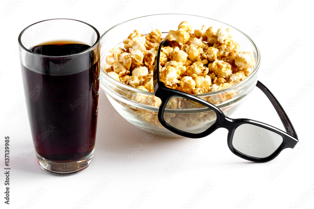 concept of watching movies with popcorn white background