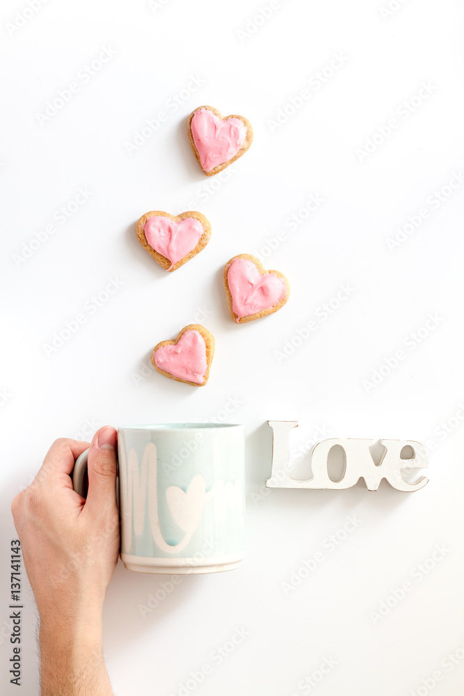 cookies for Valentine Day heartshaped white background top view pattern