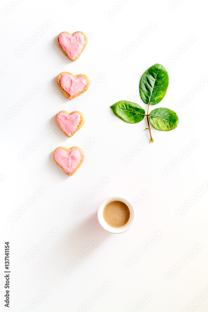 cookies for Valentine Day heartshaped white background top view pattern