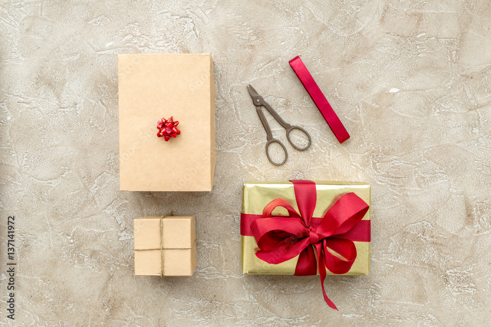 wrapping gifts in box for holiday top view mock up