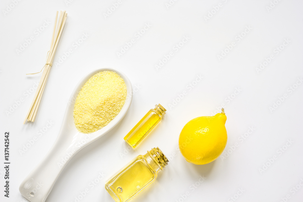 Cosmetic set with oil and salt on white background top view mockup