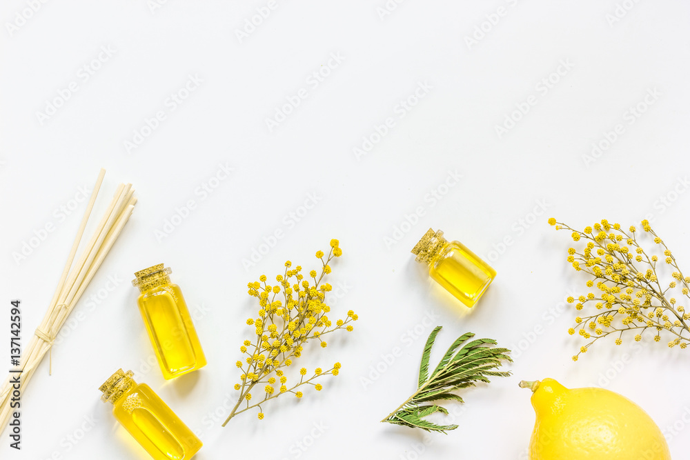 Natural cosmetic set with organic oil on white background top view mockup